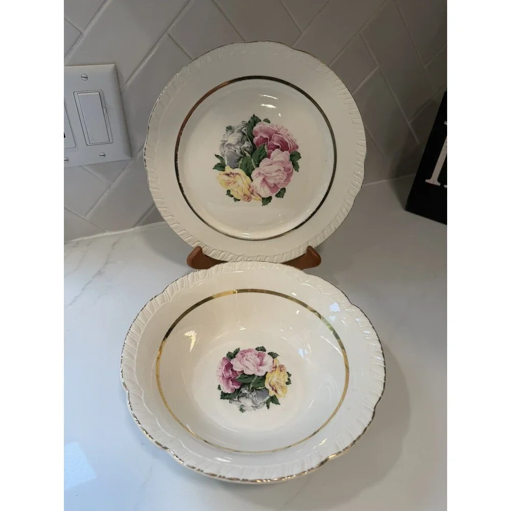 5 Piece Vintage American Limoges Janis R132 22k Gold Serving Bowl,  Plate-3 bowl
